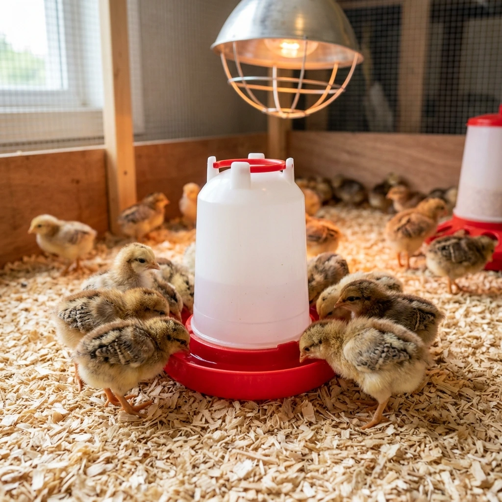 Chick brooding setup showing heat source and water dispenser in a poultry farm Caption: Ensuring water is available at chick level before placement is a fundamental brooding practice.