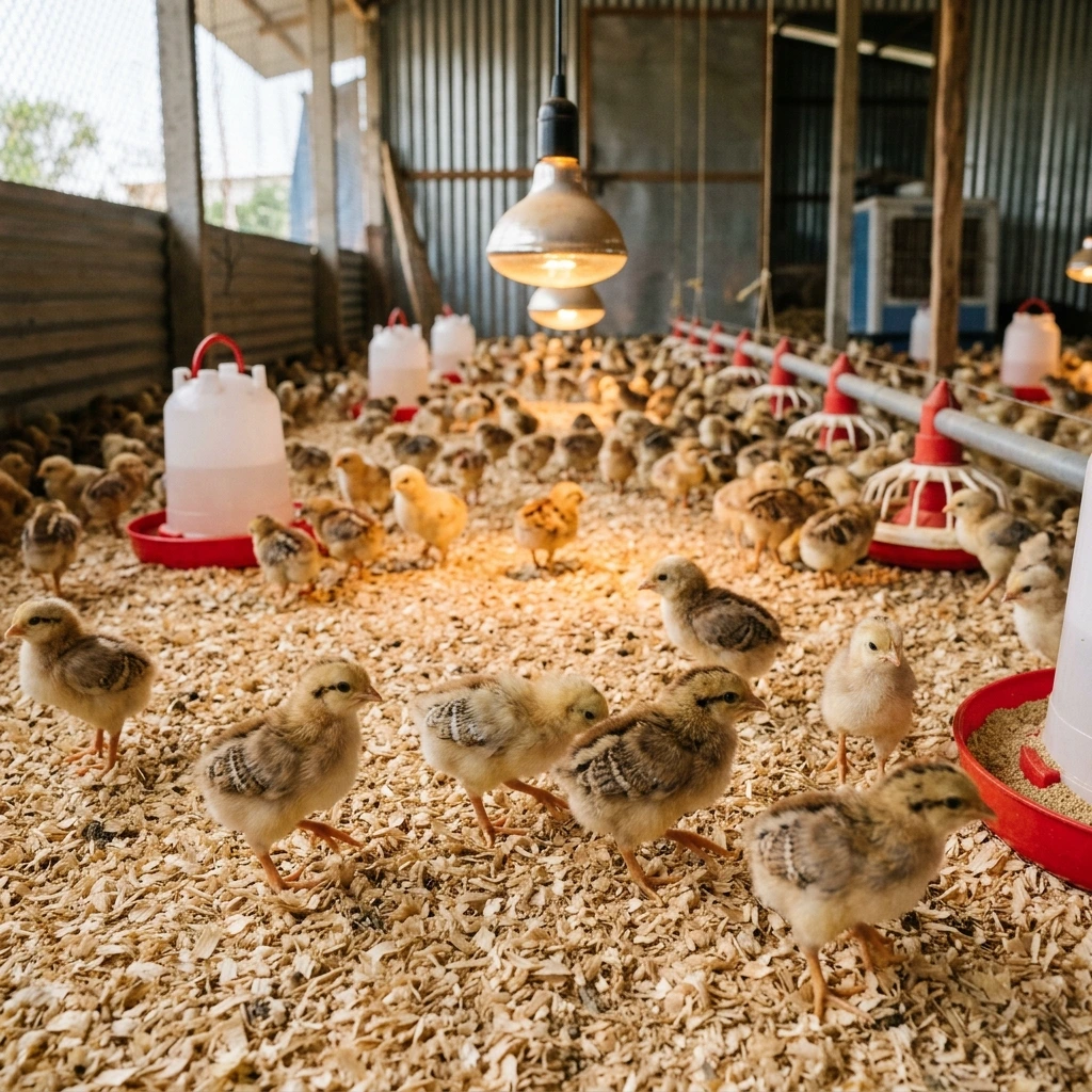 Healthy Sonali chicks spreading evenly across a brooding area indicating correct brooding temperature Caption: Even distribution across the brooding area is the most reliable sign that temperature conditions are correct.