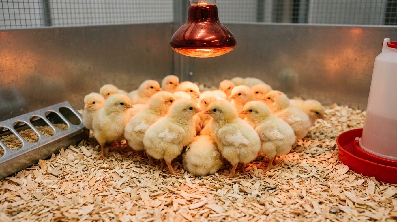 Day-old Sonali desi chicks under a brooder at Apollo Farm, Bhopal Caption: Proper brooder placement and chick spread are the first indicators of a well-managed brooding environment.